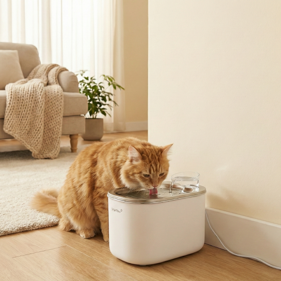 A ginger cat drinks from the white SmartPaw FlowMate Pro water fountain