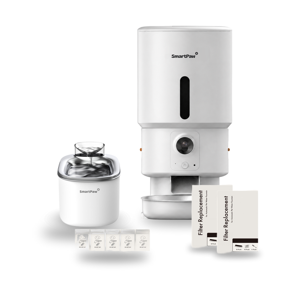 SmartPaw Halloween bundle: FlowMate Pro water fountain with the white FeedMate with camera, 2 filter sets and desiccant bags