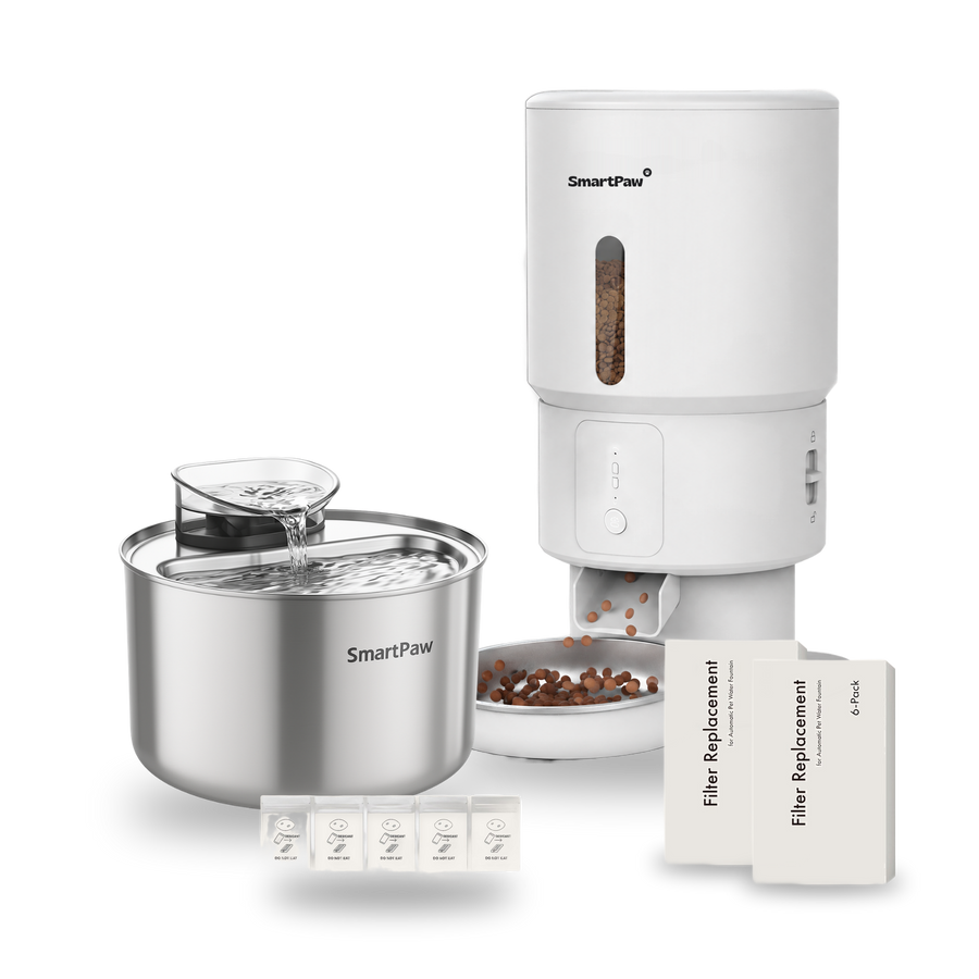 SmartPaw Halloween bundle: HydroBuddy water fountain with the white FeedMate without camera, 2 filter sets and desiccant bags