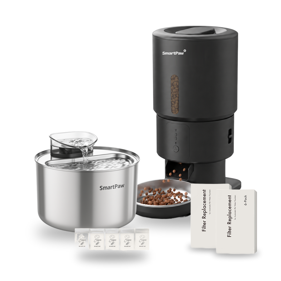 SmartPaw Halloween bundle: HydroBuddy water fountain with the black FeedMate without camera, 2 filter sets and desiccant bags