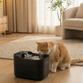 Rode kat drinkt uit de zwarte draadloze AquaPaw drinkfontein van SmartPaw in een gezellige woonkamer