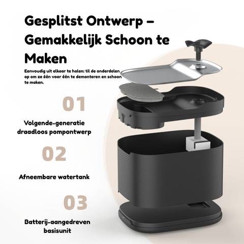Gesplitst ontwerp van de zwarte AquaPaw fontein met draadloze pomp en afneembare watertank, eenvoudig te reinigen