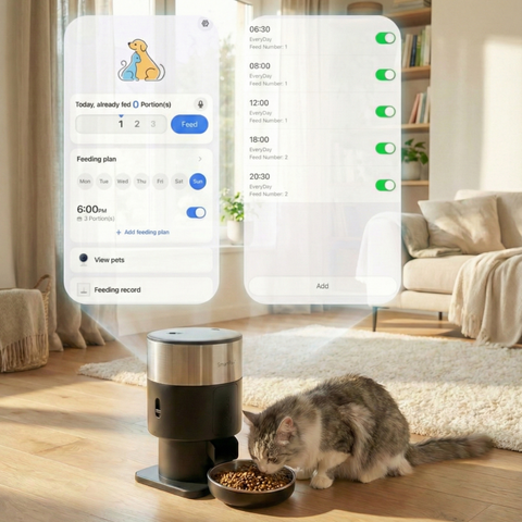 Hond eet brokjes bij de ChromeFeeder automatische voederbak terwijl de SmartPaw-app het voedingsschema toont