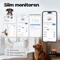 Hond en kat bij de Titan voederbak met Tuya-app schermen voor dieetregistratie en slim monitoren