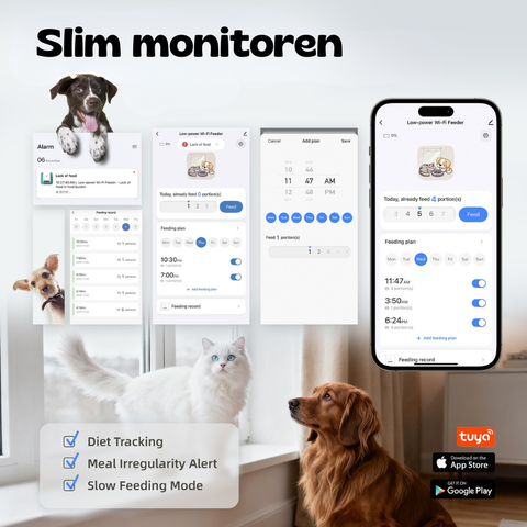 Hond en kat bij de Titan voederbak met Tuya-app schermen voor dieetregistratie en slim monitoren