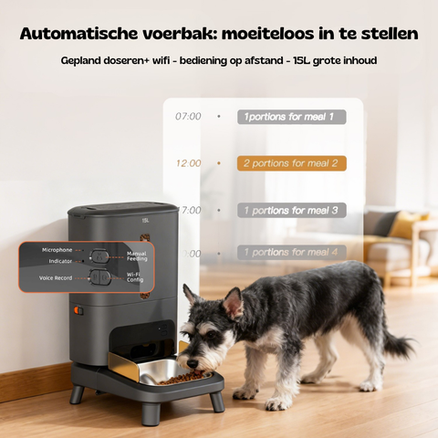 Zwarte Titan voederbak van 15L via wifi ingesteld, met app-schermen voor automatisch voeren op afstand
