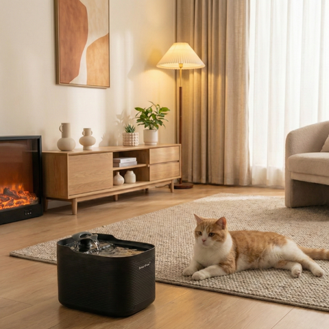 Rode kat ontspant naast de zwarte draadloze AquaPaw drinkfontein van SmartPaw in een warme woonkamer