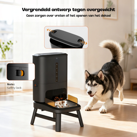 Husky snuffelt aan de zwarte Titan voederbak, met aandacht voor het vergrendelde ontwerp tegen omvallen
