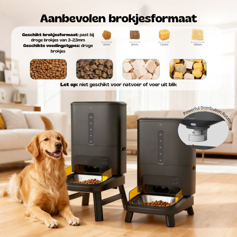 Honden bij de Titan voederbak met een overzicht van het aanbevolen brokjesformaat voor de dispenser