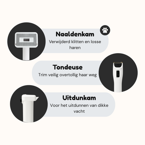 SmartPaw FurVac naaldenkam, tondeuse en uitdunkam opzetstukken voor het verwijderen van klitten en overtollig haar