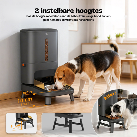 Een beagle en een grotere hond bij de Titan voederbak getoond op zijn twee instelbare hoogtes