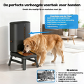 Hond eet uit de zwarte Titan voederbak, de ideale verhoogde automatische voederbak voor honden