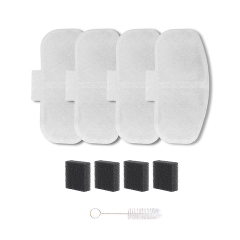 Vier witte filterpads en vier zwarte schuimfilters met reinigingsborstel voor de SmartPaw HydroBuddy drinkfontein