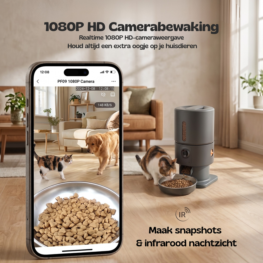 The FeedMate camera streams a live view of your pet to your phone