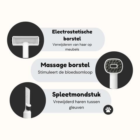 SmartPaw FurVac electrostatische borstel, massageborstel en spleetmondstuk opzetstukken voor verzorging en meubels