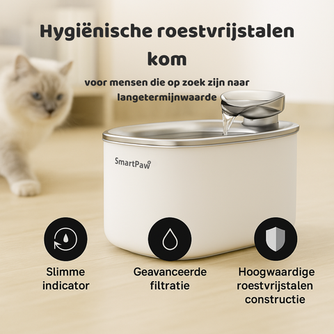 Witte FlowMate Pro fontein van SmartPaw met hygienische roestvrijstalen drinkbak