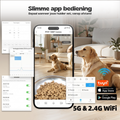 Hond bij de FeedMate voederbak bediend via de slimme app over 5G en 2,4G WiFi op een telefoon