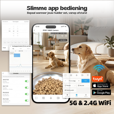 Hond bij de FeedMate voederbak bediend via de slimme app over 5G en 2,4G WiFi op een telefoon