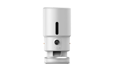 Witte FeedMate automatische voederbak van voren met ingebouwde camera en stalen bakje
