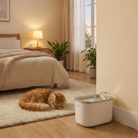 Pluizige kat slaapt in een gezellige slaapkamer naast de witte FlowMate Pro drinkfontein van SmartPaw
