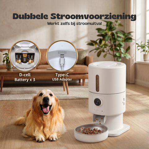 Golden retriever zit naast de witte FeedMate voederbak, die werkt op D-cell batterijen en USB-voeding