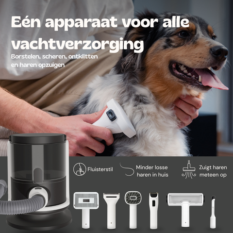 Man borstelt de vacht van zijn Australische herder met de SmartPaw FurVac ontharingsstofzuiger en opzetborstels