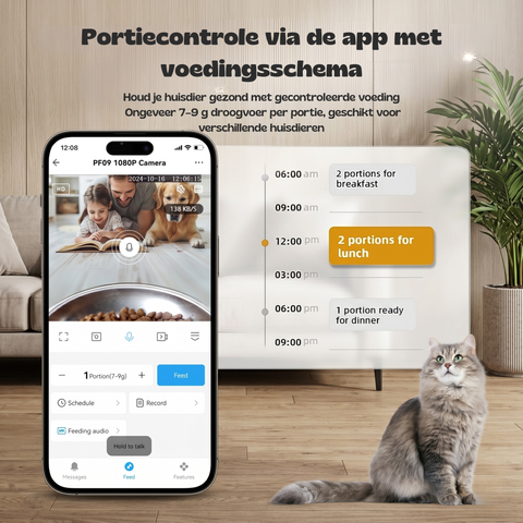 Kat naast de FeedMate voederbak terwijl de app porties met vaste voedertijden over de dag instelt