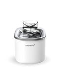 Witte FlowMate Pro fontein van SmartPaw met stromend water in de roestvrijstalen drinkbak