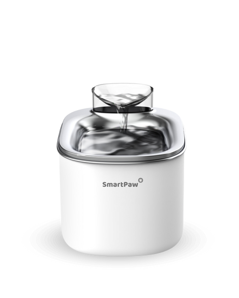 Witte FlowMate Pro fontein van SmartPaw met stromend water in de roestvrijstalen drinkbak