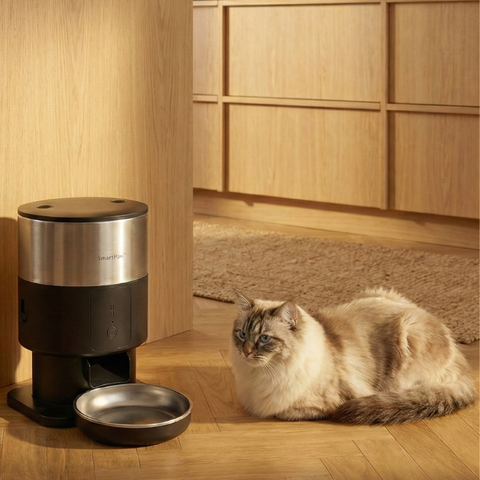 Pluizige kat ligt op de vloer naast de chromen ChromeFeeder automatische voederbak en stalen bakje in een woonkamer