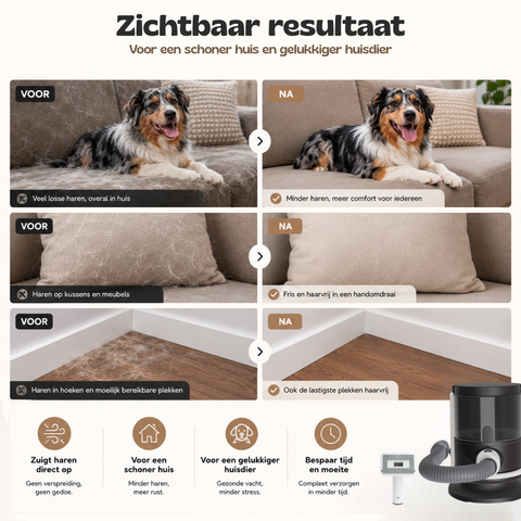 Zichtbaar resultaat voor en na het verzorgen van honden met de SmartPaw FurVac ontharingsstofzuiger