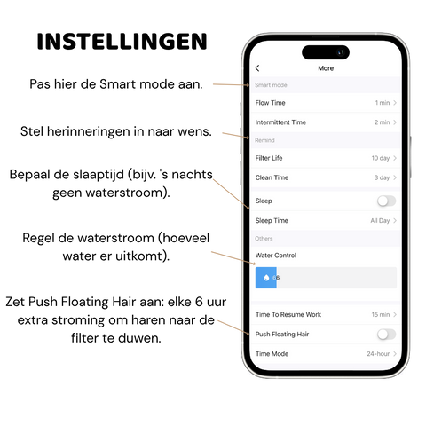Instellingenscherm van de HydroBuddy fontein-app met waterstroom, herinneringen en slaapmodus