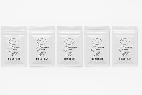 Vijf witte SmartPaw vochtabsorberende zakjes met Do Not Eat-opdruk om huisdiervoer vers en droog te houden
