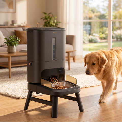 Golden retriever staat naast de zwarte Titan automatische voederbak van 15L op standaard in een zonnige woonkamer