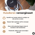 Bovenaanzicht van de SmartPaw FurVac huisdierenverzorgingsset met de voordelen voor honden en katten van elke vacht