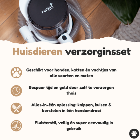 Bovenaanzicht van de SmartPaw FurVac huisdierenverzorgingsset met de voordelen voor honden en katten van elke vacht