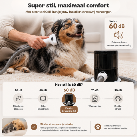 Vrouw verzorgt rustig haar golden retriever met de stille 60 dB SmartPaw FurVac ontharingsstofzuiger