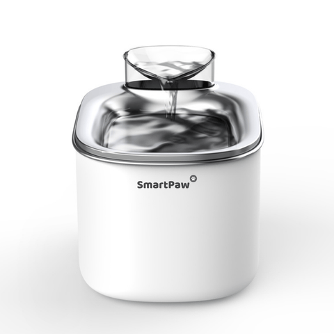 Witte SmartPaw FlowMate drinkfontein met roestvrijstalen bovenkant en stromend water op een witte achtergrond