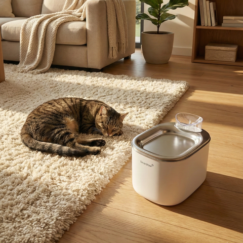 Cyperse kat rust op een kleed naast de witte FlowMate Pro drinkfontein van SmartPaw in een zonnige woonkamer
