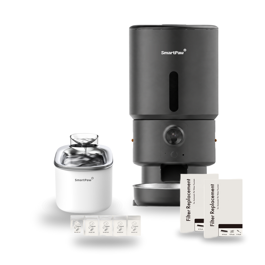 SmartPaw Halloween bundle: FlowMate Pro water fountain with the black FeedMate with camera, 2 filter sets and desiccant bags