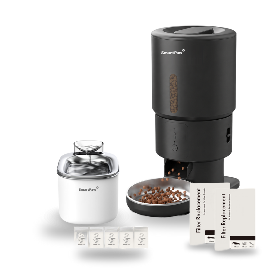 SmartPaw Halloween bundle: FlowMate Pro water fountain with the black FeedMate without camera, 2 filter sets and desiccant bags