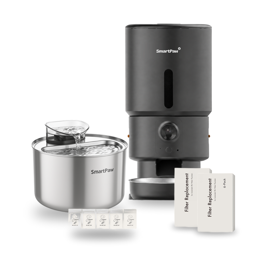 SmartPaw Halloween bundle: HydroBuddy water fountain with the black FeedMate with camera, 2 filter sets and desiccant bags